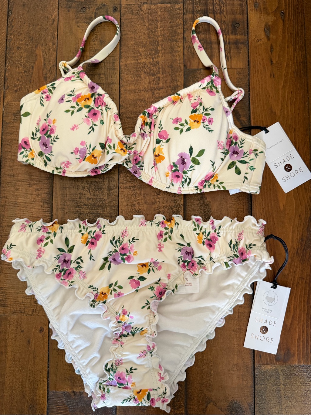 Shade & Shore Cream Floral Ruffled Bikini With Pink & Yellow Blooms